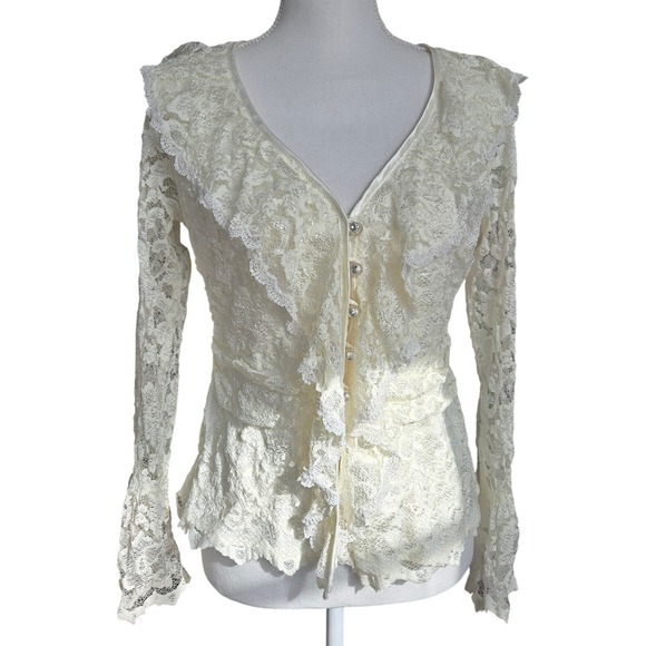 Vintage J.R. Nites Blouse Top Fairy Romantic Cream Lace Ruffle Long Sleeve Sz 12 - Picture 4 of 8